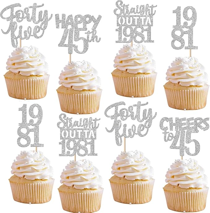 30 PCS 45th Birthday Cupcake Toppers Glitter Forty Five Happy 45 Straight Outta 1981 Cupcake Picks for Cheers to 45 Fabulous 45th Birthday Anniversary Party Cake Decorations Supplier Silver