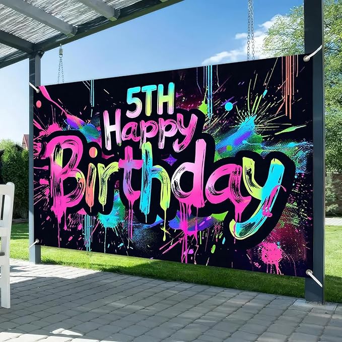 Neon 5th Happy Birthday Banner 71x43 Inch Paint Splatter Glow in The Dark Party Backdrop Colorful Wall Decor for Kids Boys Girls Fifth Birthday Celebrations Booth Props and Event Supplies