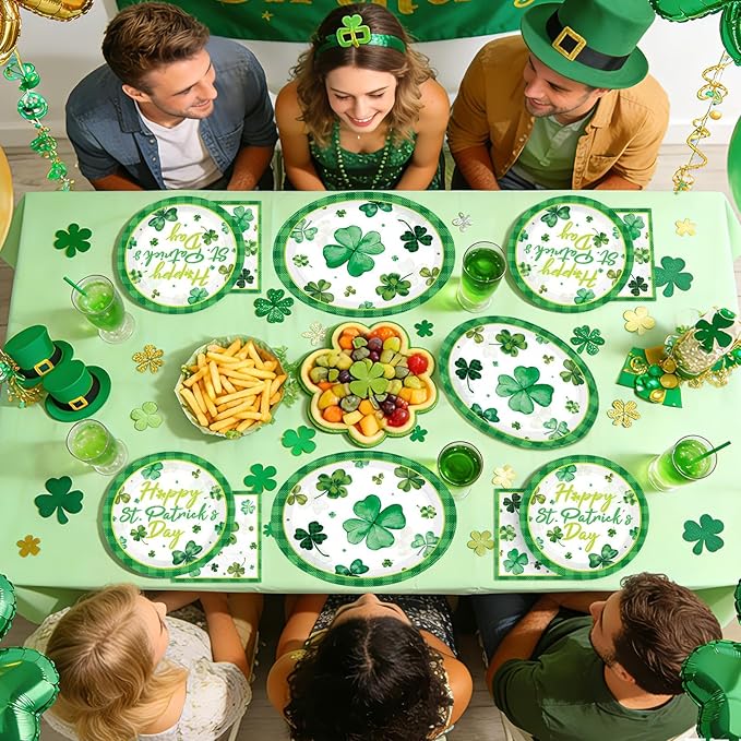 150 Pcs St. Patrick's Day Party Decorations Green Shamrock Oval Plates and Napkins Disposable Lucky Shamrock Clover Tableware Set for Irish St. Patrick's Day Holiday Party Supplies Serves 50