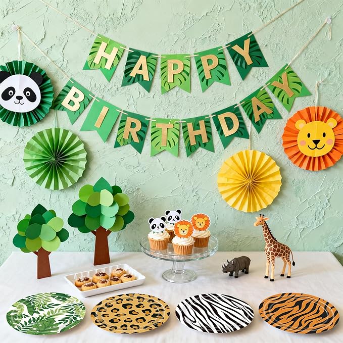 48PCS Jungle Safari Paper Plates, 7 Inch Zoo Animal Plates Wild Animal Party Decorations Disposable Tableware Set for Baby Shower Birthday Safari Themed Party Supplies