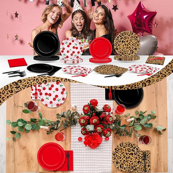96Pcs Leopard Birthday Party Decorations Paper Red and Black Plates and Napkins Themed Cherry Cheetah Print Dinnerware Tablewares for Women Girls Bachelorette Party Supplies Serve 24 Guest
