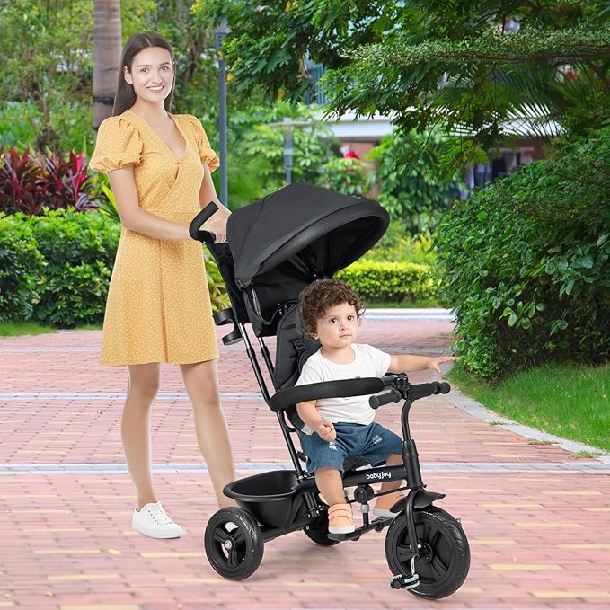 BABY JOY Tricycle, 4 in 1 Toddler Bike w/Removable Canopy, Adjustable Push Handle, Reversible Seat, Safety Belt, Folding Footrest & Storage Basket, Toddler Tricycle for Boys Girls 9-60 Months (Black)
