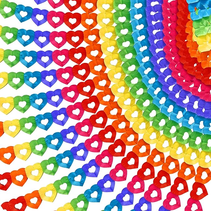 Tlswshsy 20 Pcs Rainbow Heart Banner, 200 Feet Colorful Pride Paper Garland, Heart Shape Paper Hanging Decorations for Birthday Party Wedding Parades Valentine Celebration