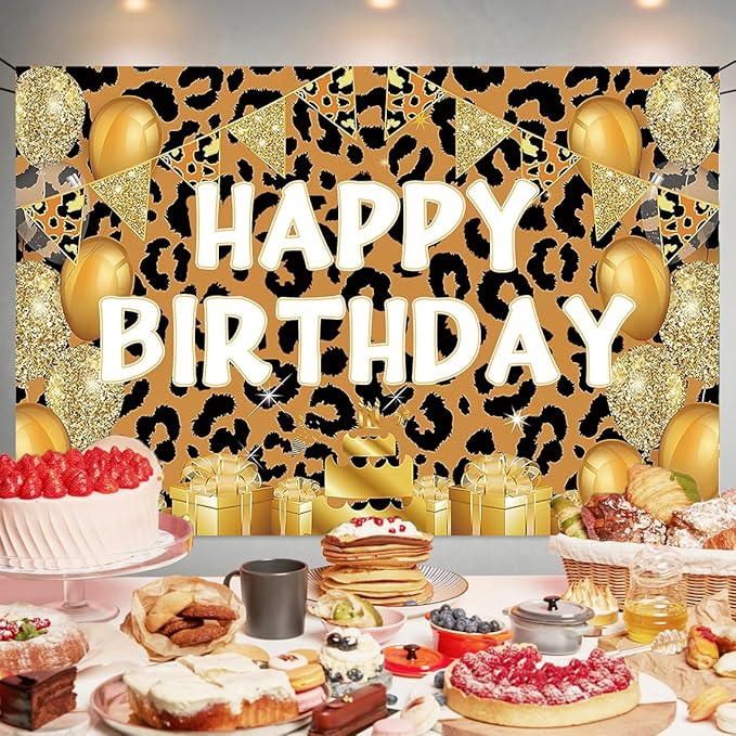 Leopard Print Happy Birthday Backdrop Decorations Cheetah Print Banner Leopard Photo Background for Home Indoor Outdoor Birthday Party Decorations Supplies 70.8 x 47.2 Inch
