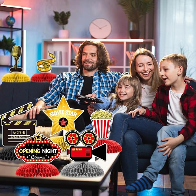 12 Pieces Movie Night Party Decorations Movie Birthday Honeycomb Centerpiece, Party Supplies Decor Microphone Ticket Table Decoration for Theater Birthday Women Men The Kids' Boys Girls