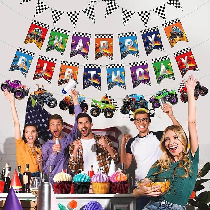 Pasimy 4 Pcs Truck Birthday Banner Cars Monster Truck Themed Garland Black and White Checkered Flags Pennants Green Purple Happy Birthday Bunting Racing Car Theme Party Decorations Supplies