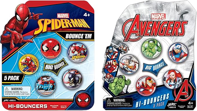 JA-RU Marvel Avengers Bouncy Superballs Super Hi Bounce 1.2" (Pack of Balls) Hulk, Thor, Cap America & Friends Fidget Balls Small Toys for Kids Prize Giveaways Gift. (Spiderman/Avengers 2 Packs)