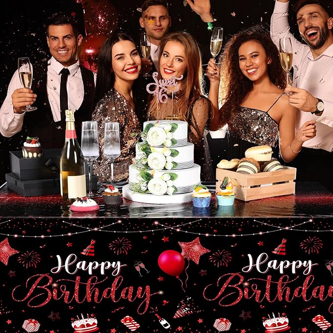 Tudomro 3 Pcs Happy Birthday Tablecloths Happy Birthday Party Decorations Plastic Table Cover Rectangular Cloths for Women Men Baby Shower Party Supplies, 108 x 54 Inch (Black Red)