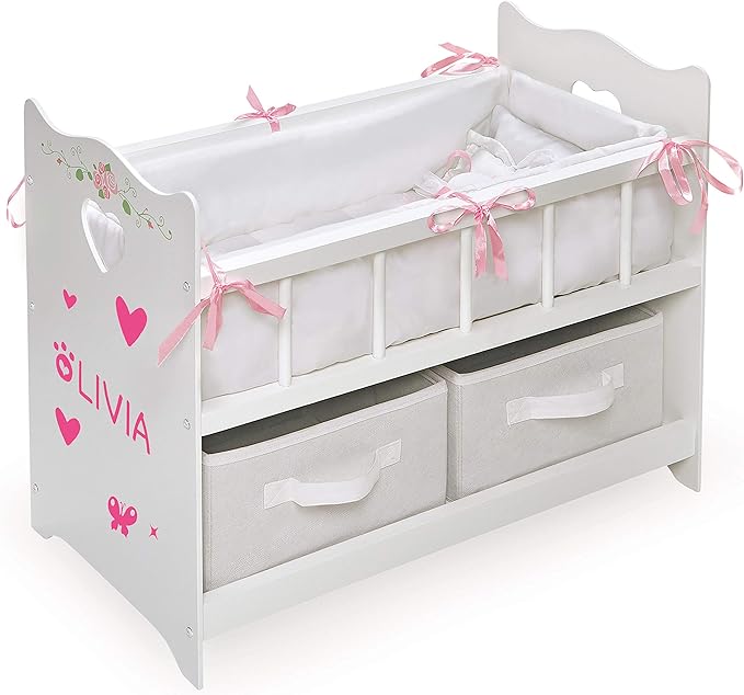 Badger Basket Wooden Doll Bed with Bed Liner, Pillows and Two Storage Baskets - Fits 18" Dolls - Ideal for Pretend Play and Baby Doll Fun - White/Rose Design with Free Personalization Kit