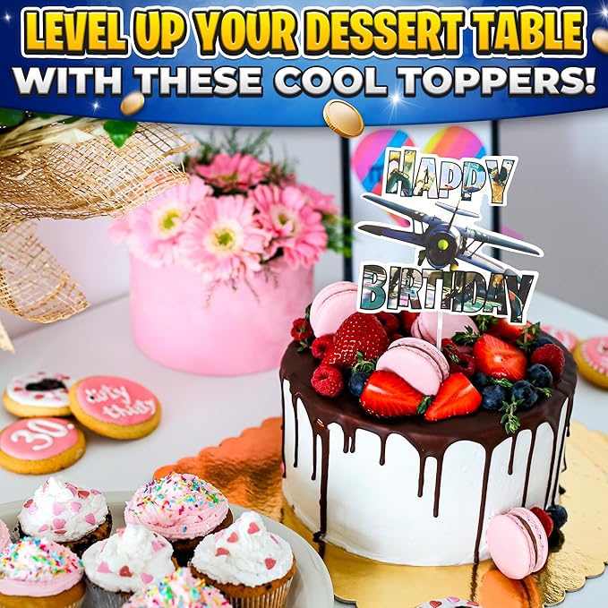 Video Game Cake Topper with 7 Action Figures & Large Logo - Sturdy Cardboard Cake Decorations, Easy Adjustment & Firm Installation - Creative Happy Birthday Cupcake Toppers for Boys & Girls