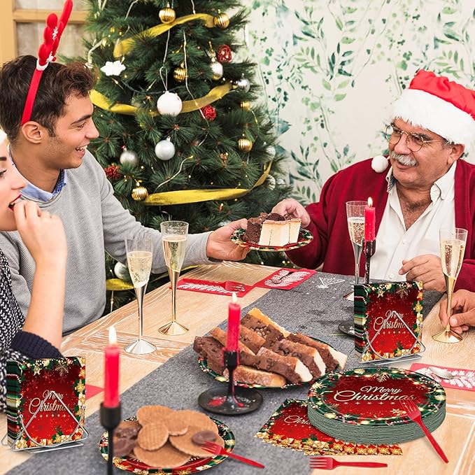 100 Pcs Merry Christmas Party Supplies - Serves 25, Red Green Holiday Disposable Tableware, Includes Paper Plates, Napkins, and Plastic Forks for Xmas Dinner, Winter Celebrations, Seasonal Decorations