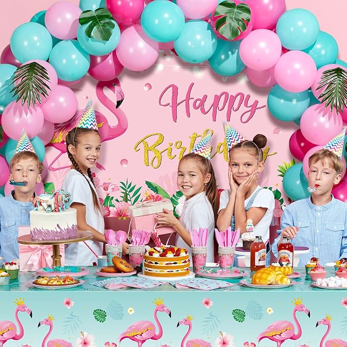 Blosssound 171 Pcs Flamingo Birthday Party Supplies 16 Sets Tropical Hawaiian Party Decorations Include Napkins Plates Cups Spoons Forks Knife Balloons Leaves Backdrop Tablecloth for Girls Boys Kids