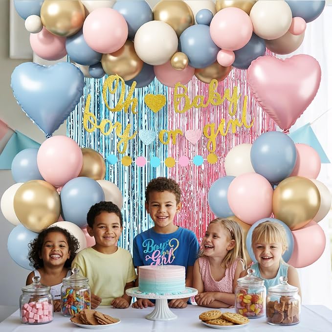 Boy or Girl Gender Reveal Decorations, Dusty Pink Blue Sand White Gold Latex Foil Balloon Oh Baby Banner Boy or Girl Cake Topper Fringe Curtain for Boho Baby Shower Gender Reveal Party Decoration