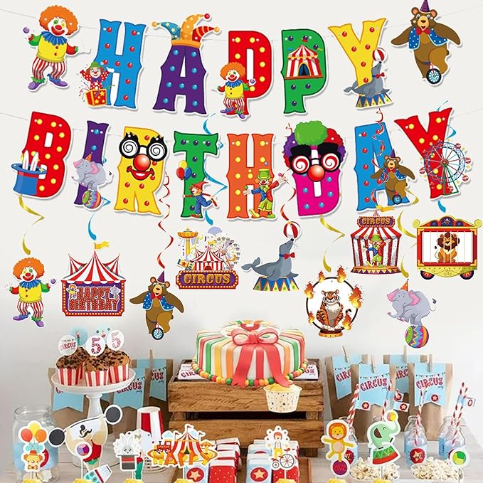 Zwiebeco Colorful Circus Happy Birthday Banner Bunting Hanging Paper Swirls Garland Party Decorations for Funfair Circus Amusement Park Clown Carnivals Themed Kids Bday Decor Accessories Supplies