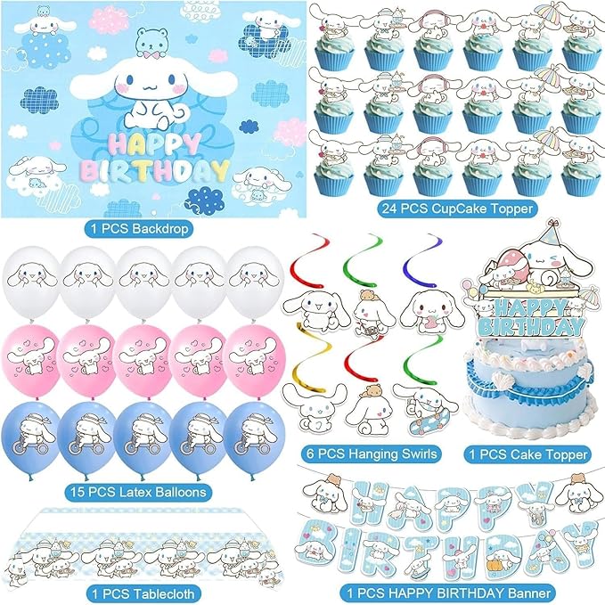 49 Psc For Cinnamoroll Birthday Decorations, Party Supplies Set Include Banner, Backdrop, Balloons, Hanging Swirls, Cake Cupcake Toppers, Tablecloth for Kids Cinnamoroll Theme Party