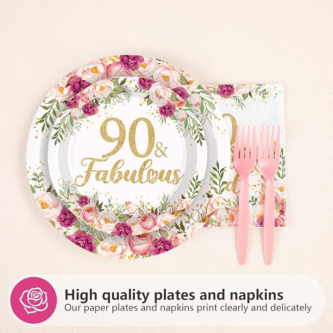 96Pcs 90th Birthday Decorations for Women Rose Gold Floral Party Plates and Napkins Disposable 90th Birthday Gifts Tableware Set for Women Fabulous Party Decorations Serves 24