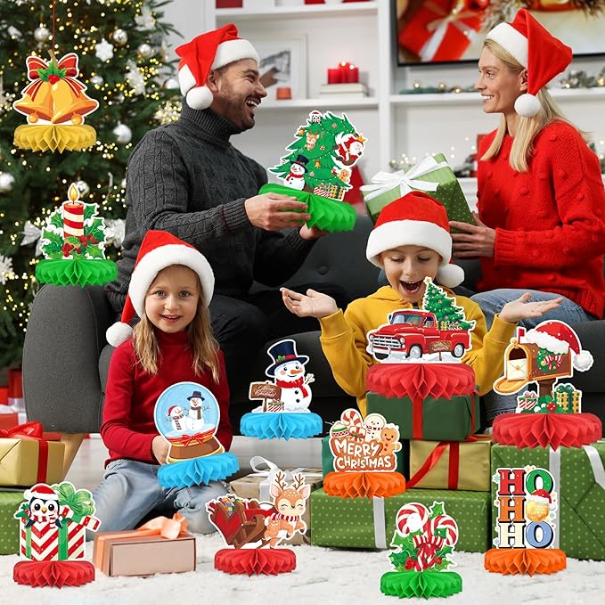 Christmas Party Decorations: Festive Christmas Honeycomb Centerpieces, Santa & Snowman Table Toppers - for Classroom, Winter Birthdays & Holiday Party Supplies