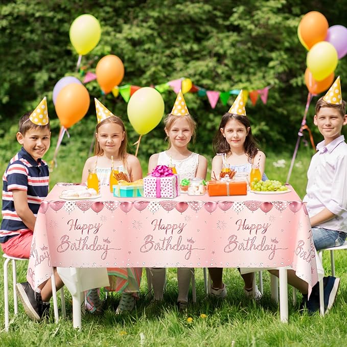 WNINK 4 Pack Pink & Rose Gold Happy Birthday Tablecloths, Disposable Plastic Rectangular Table Covers for 6th 21st 30th 40th 50th Women Girls Birthday Party 54 x 108 Inches