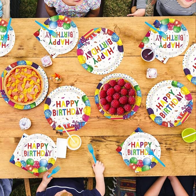 96Pcs Happy Birthday Decorations Colorful Dots Happy Birthday Plates and Napkins Disposable Rainbow Multicolor Decorations Tableware Set for Kids Boys Girls Birthday Party Supplies Serves 24