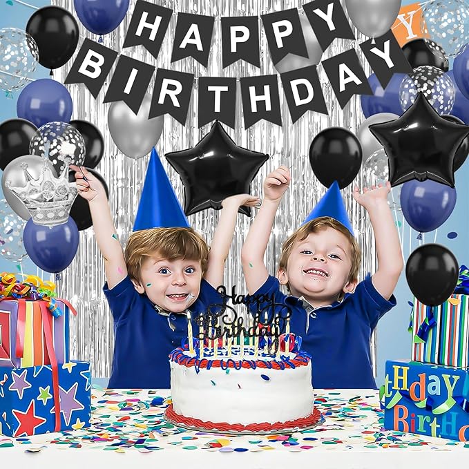 Navy Blue and Black Happy Birthday Decorations for Men, Birthday Decorations Supplies with Blue Black Balloon Banner Fringe Curtains Foil Balloons Cake Topper for Men Boys Party Decor