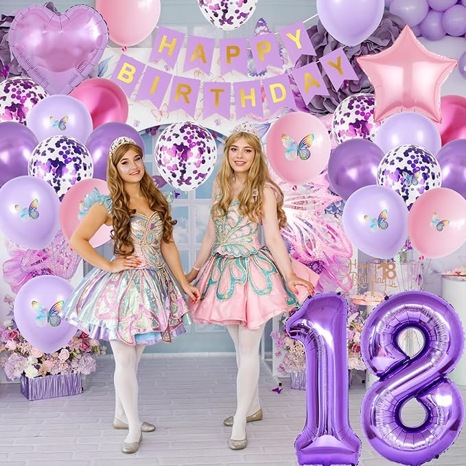18th Purple Birthday Decorations,Pink Purple 18th Birthday Decorations for Girls Lavender Party Decor Set with Number Foil Balloons Cake Topper Butterfly Stickers for Girls 18th Party Decorations