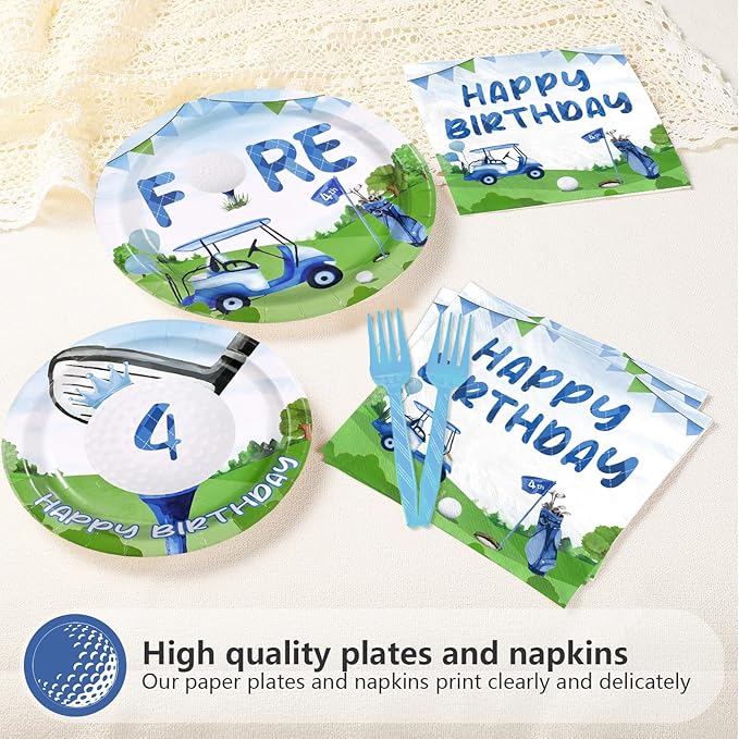 96 Pcs Golf 4th Birthday Party Supplies Golf Ball Sports Theme Party Plates and Napkins Disposable Blue Green Tableware Set for Kids Boys Four Birthday Decorations Serves 24