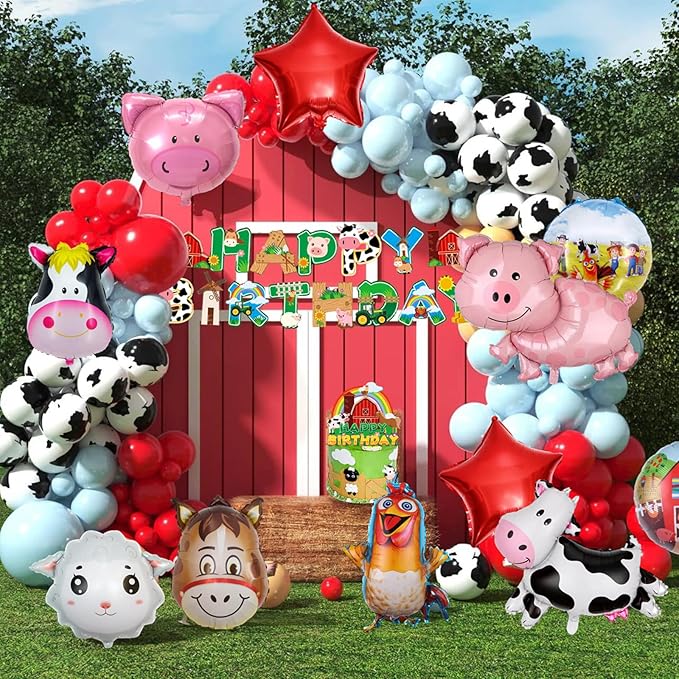 37pcs Farm Animal Theme Party Balloons, Cupcake Farm Cow Print Sheep Pig Donkey Mylar Foil Balloons Baby Shower Boy Girl Birthday Party Decor Supplies (red)