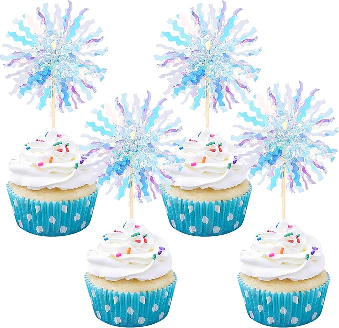 30 PCS Foil Firework Cupcake Toppers Sparkle Tinsel Cupcake Picks Happy Birthday Cake Toppers Drink Stirrers Cocktail Food Fruit Toothpicks for Baby Shower Wedding Party Decorations Supplies Blue