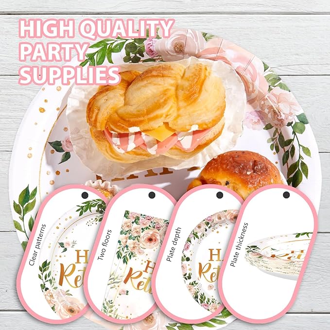 96Pcs Wildflower Retirement Party Decorations for Women Pink Gold Floral Teacher Retirement Plates and Napkins Sets Lady's Retired Decoration Favor for Goodbye Going Away Just Retired Party Serve 24