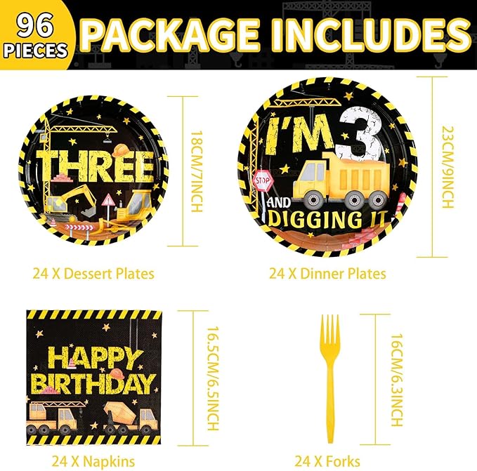 96 Pcs Construction 3rd Birthday Party Supplies 350 GSM Construction Plates Napkins Forks Tableware Set Excavator 3rd Birthday Decorations for Boys Dump Truck Theme 3 Year Old birthday Decor Serves 24