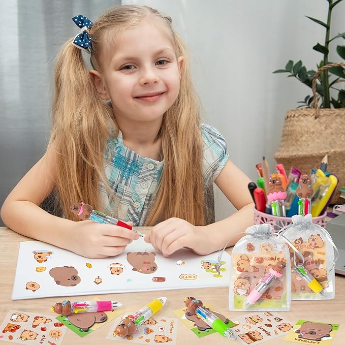 CY2SIDE Capybara Stationery Party Gift - 12 Pack Birthday Gift Set with Fun Animal 4-in-1 Ballpoint Pen Sticky Note Sticker and Organza Capybara Party Favor Goodie Bag Fillers for School Rewards