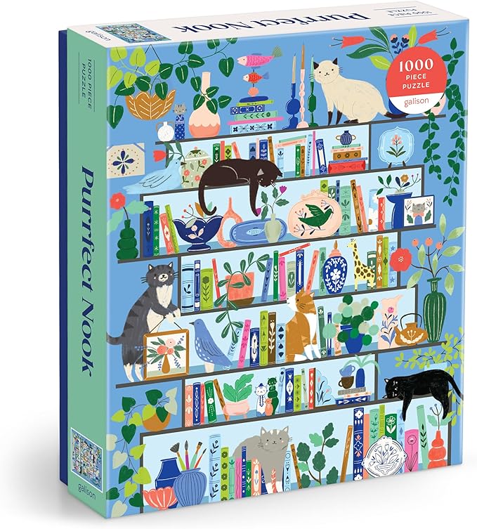 Galison Purrfect Nook – 1000 Piece Jigsaw Puzzle Featuring Artwork of A Lively Cozy Shelf Made for Bibliophiles and Cat Lovers Alike