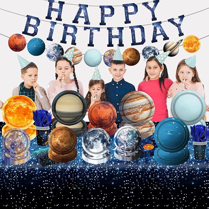 Space Theme Party Decorations 142Pcs Galaxy Planet Outer Space Disposable Plates and Napkins Cups Tablecloth Banner Knives Forks Spoons for Kids Space Solar System Planets Birthday Party Supplies