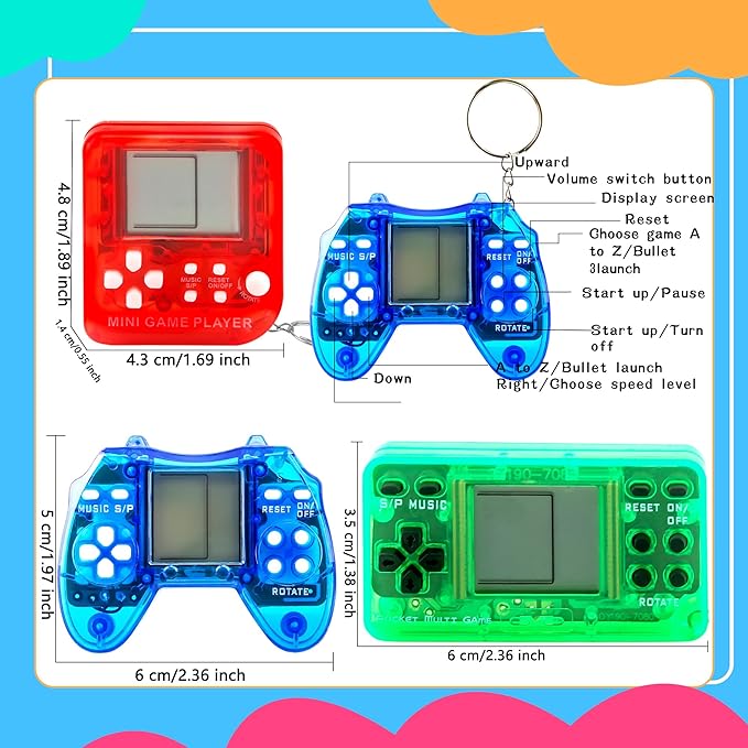 36 Pack Video Game Keychain Mini Square Handheld Video Game Key Chain for Kids Birthday Video Game Party Favors