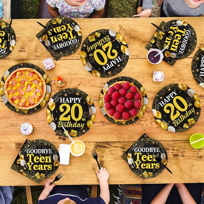 Grencian 96Pcs Happy 20th Birthday Party Supplies Gold and Black Goodbye Teen Years Paper Plates and Napkins Cheers 20 Years Sets for 20 Year Old Teen Girls Theme Party Decoration Serves 24
