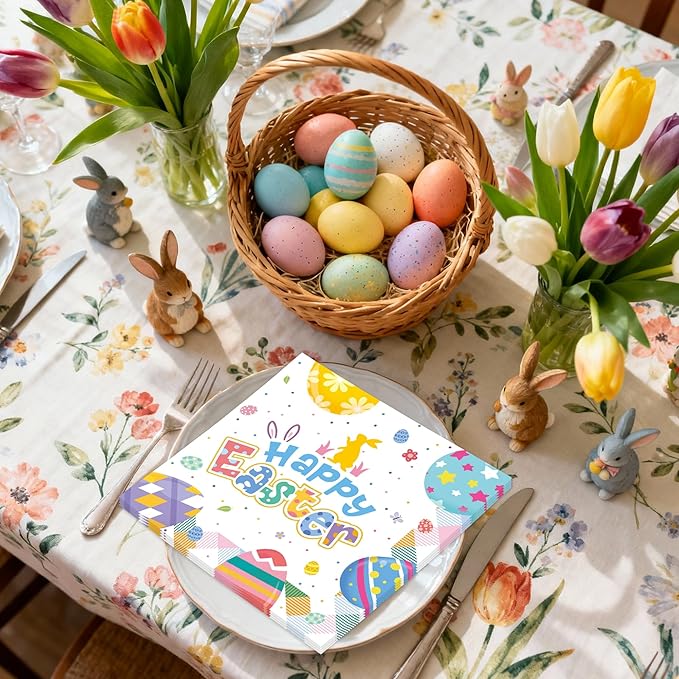 50Pcs Happy Easter Paper Napkins - Cartoon Colorful Eggs Bunny 13 x 13 Inches Luncheon Napkins Disposable Dessert Dinner Hand Napkins for Easter Birthday Party Supplies