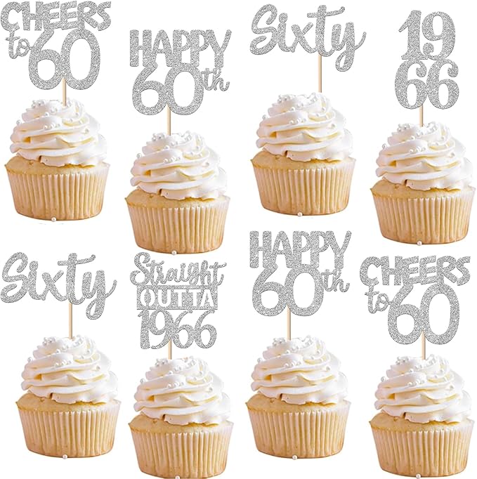 30PCS 60th Birthday Cupcake Toppers Glitter Sixty Happy 60 Straight Outta 1966 Cupcake Picks for Cheers to 60 Years 60th Birthday Wedding Anniversary Party Decoration Supplies Silver