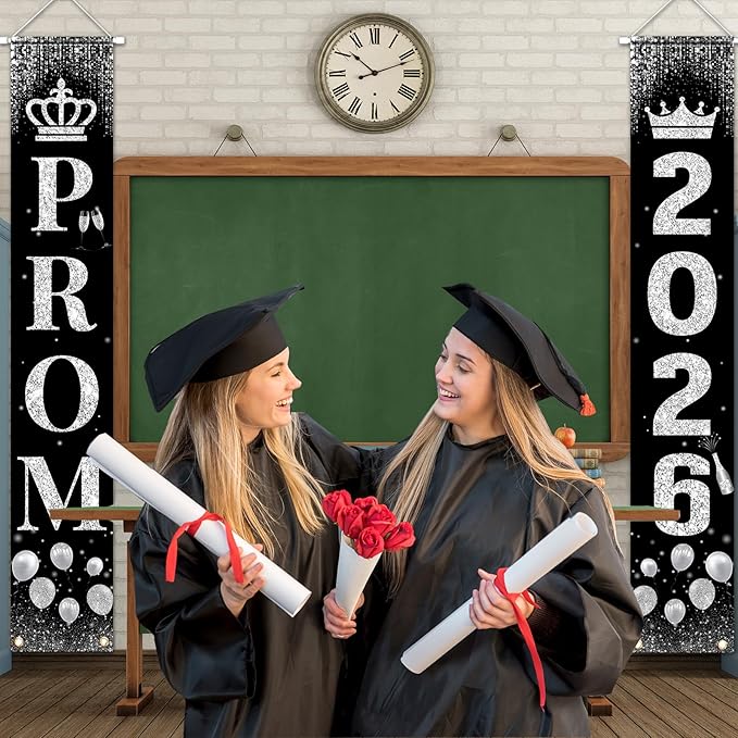 Prom Send Off Decorations 2026 Porch Sign, Black and Silver Prom Banner for Door 2026 Prom Decorations Door Banner Prom Party Decorations for High School College Graduation Prom Party Supplies