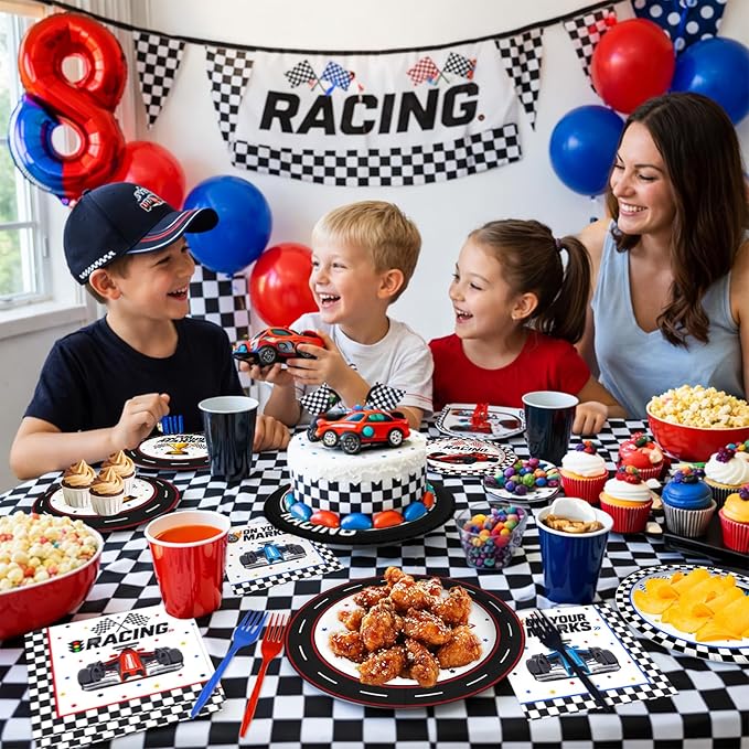 96 Pcs Race Car Birthday Party Decorations (Serves 24), All-in-1 Cars Decorations Supplies Include Include Plates Napkins Forks for Race Day