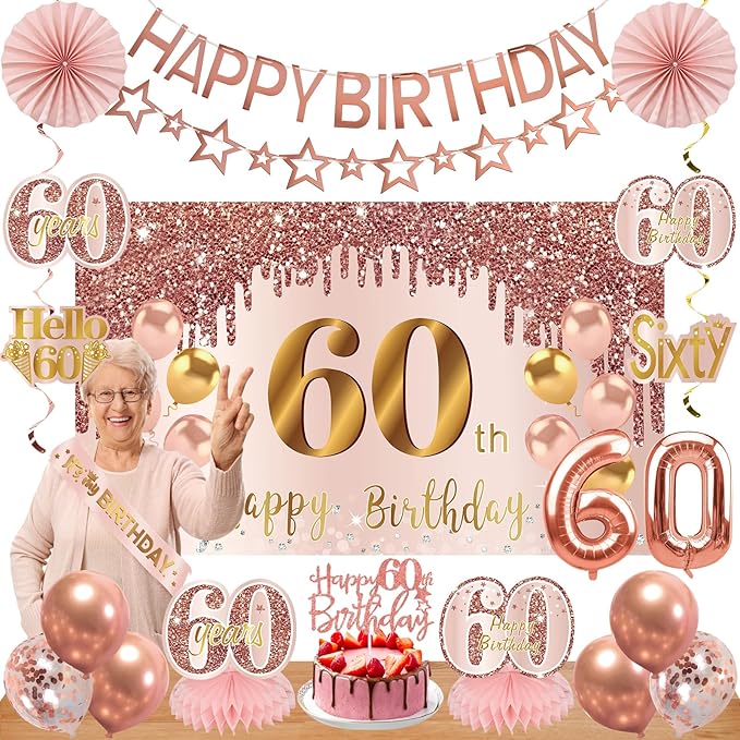 60th Birthday Decorations for Women, Pink Rose Gold Happy 60 years old Birthday Banner Backdrop Sash Table Cake Topper Balloons Honeycomb Centerpieces Hanging Swirls Paper Fans Party Supplies