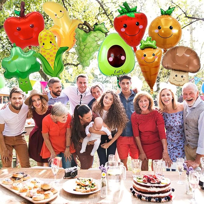 10 Pcs Fruit Balloons and Vegetable Balloons - Large Apple Orange Strawberry Grape Mushroom Banana Avocado Corn Carrot Broccoli Mylar Foil Balloons, Fruit Theme Birthday Party Decorations Supplies