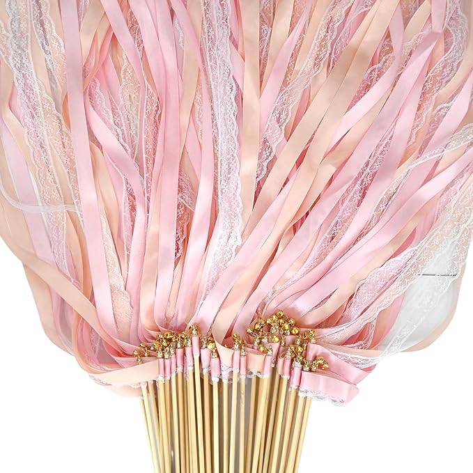 50Pcs Ribbon Sticks Wands Streamers with Bells Silk Fairy Lace Stick Party Ribbon Streamers for Wedding Party, Birthday and Holiday Activities-Pink