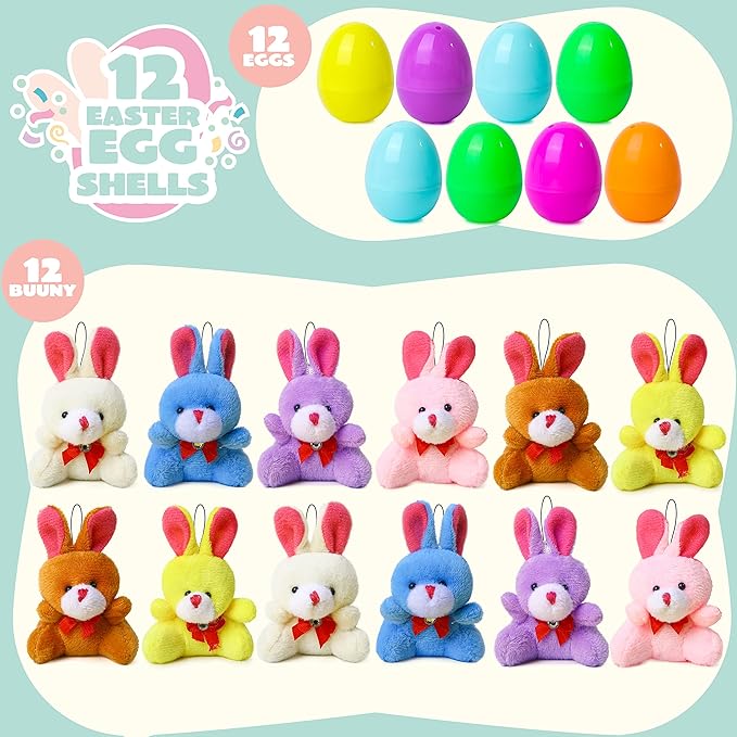 JOYIN 12 Pcs Filled Easter Eggs with Plush Bunny, Bright Colorful Bunnies for Kids and Toddlers, Easter Basket Stuffers and Party Favors, Classroom Prize Supplies