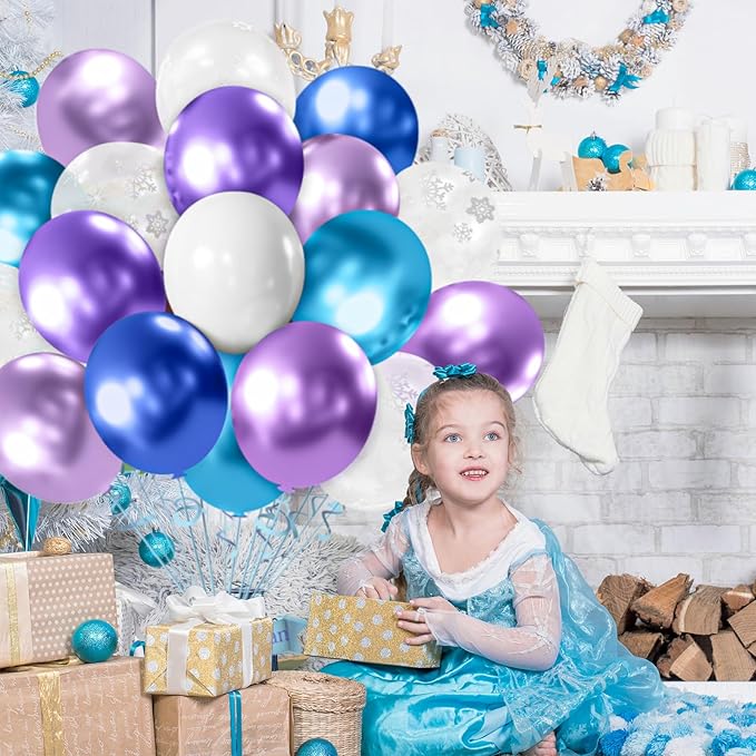 Balloons Set, 50pcs 12inchs Purple Blue Snowflack Print Balloons,for Boys Girls Fozen Birthday Baby Shower Decorations Christmas Winter Wonderland Party Supplies