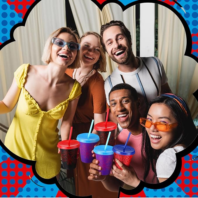 12 Pcs 16 oz Spider Cups Bulk with 3 Styles, Spider Birthday Party Favors Cups with Lids and Straws, Plastic Cup for Birthday Party Decorations, Birthday Party Favor Supplies for Friends