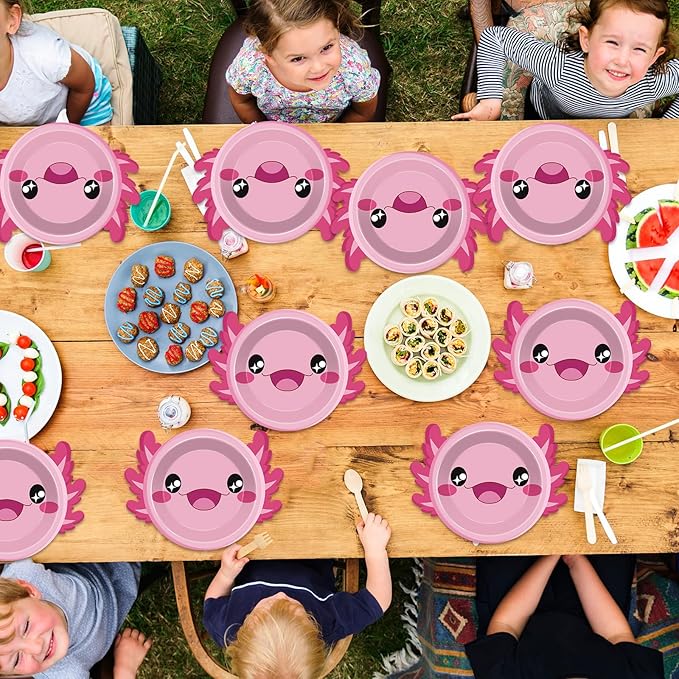 60Pcs Pink Axolotl Shaped Birthday Party Decorations Reptile Animals 7 Inch Dessert Plates Plates Cartoon Dinner Disposable Tableware Set for Kids Girls Party Baby Shower Supplies Favors