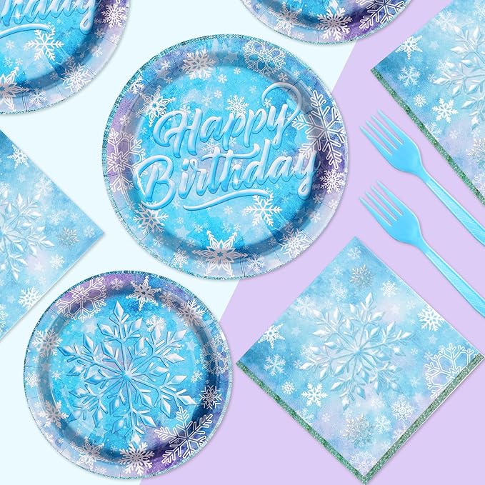 Grencian 96 Pcs Frozen Party Supplies Disposable Winter Snowflake Frozen Plates and Napkins Fork Tableware Set Frozen Birthday Party Decorations for Christmas Winter Onderland Decorations Serves 24