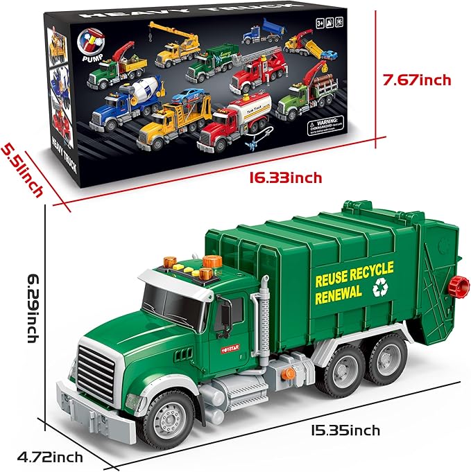 Dwi Dowellin Toddler Toys for 3 + Years Old Boys, 15" Large Garbage Truck Toy,Friction Powered Waste Management Garbage Truck with Lights and Sounds,3 Rear Loader Trash Cans,Kids Gift
