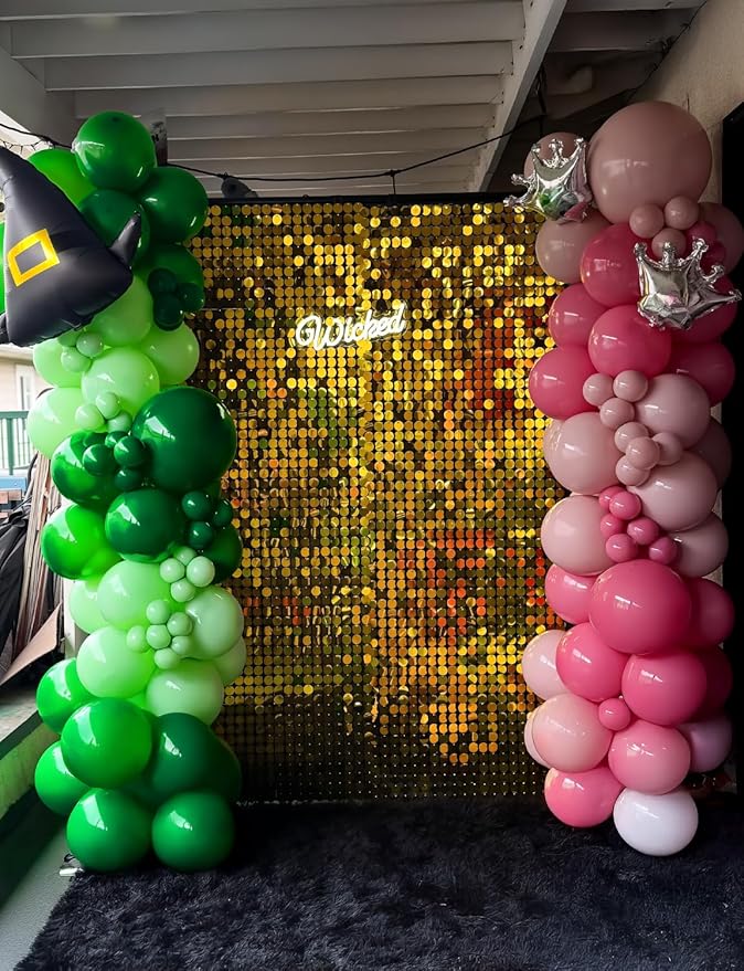 Pink and Green Balloon Garland Arch Kit - Witch Balloon Arch Kit, Pink Green Balloons and Foil Fringe Curtains, Witch Hat Crown Exploding Star Broom Balloons for Birthday,Witch Themed Party Decor