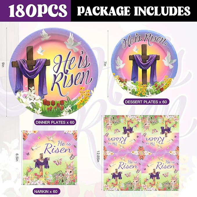 180Pcs Easter He is Risen Paper Plates and Napkins Set,Disposable Jesus Cross Lily Floral Easter Party Decorations for Religion Christ Party,Serve 60 Guests